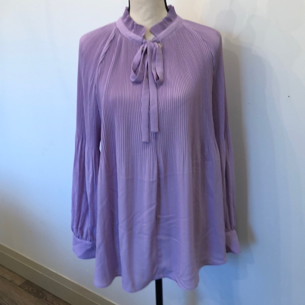 Chicos purple accordion blouse size 3 long sleeves  with tie neckline